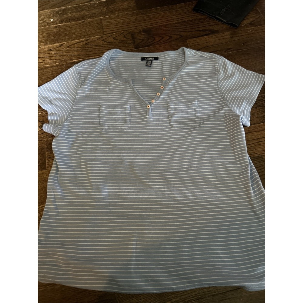Chaps Shirt  Blue Striped Women's Button Down Scoop Neck Shirt ~ Size XL ~ Cotto